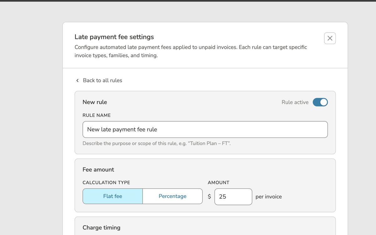 Creating a new rule — fee type and charge timing