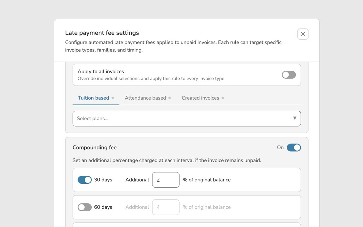 Invoice scope tabs for tuition, attendance-based, and manually created invoices