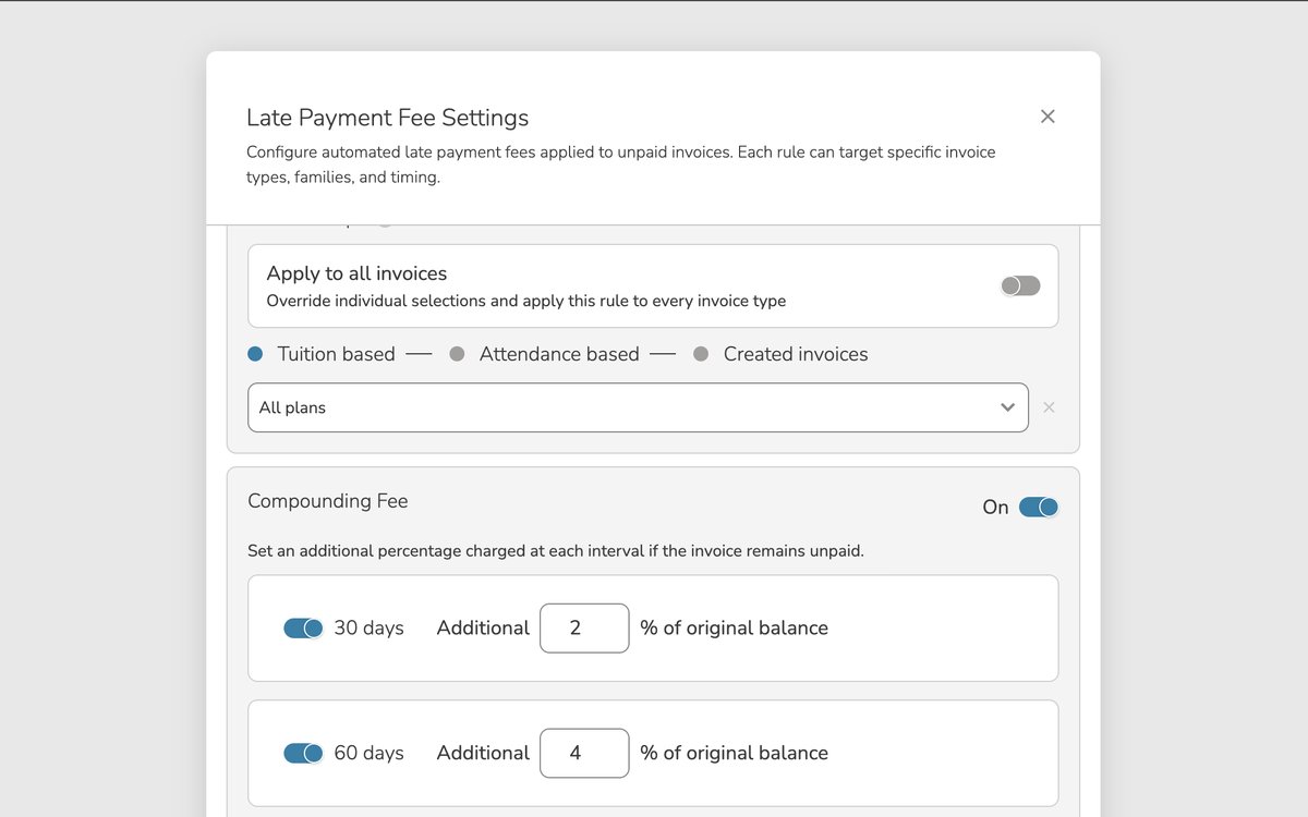 Compounding fee toggles for 30 and 60 day intervals