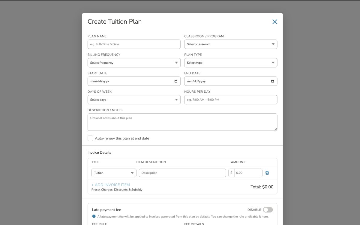 Create Tuition Plan modal with the standard late payment fee rule attached