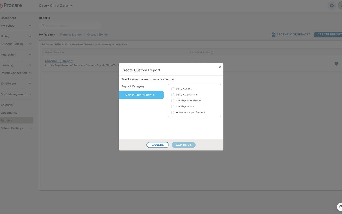 Create Custom Report modal — category selection