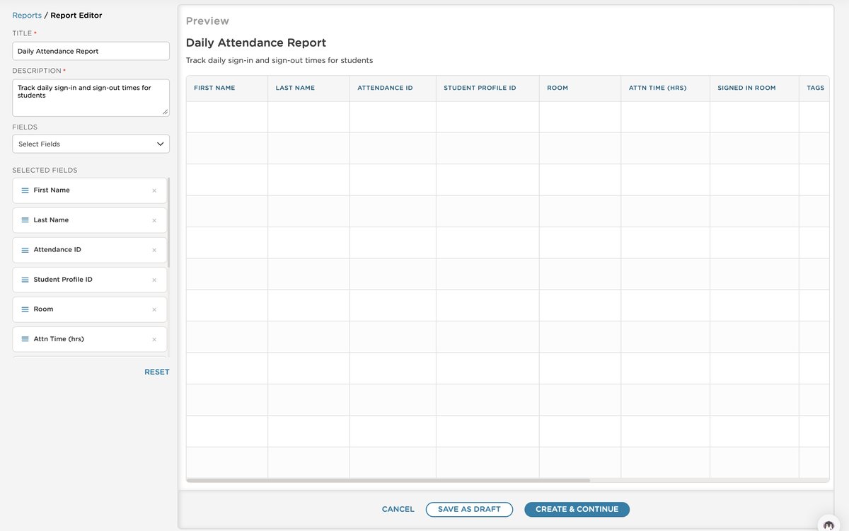 Report Editor — field selection with live preview