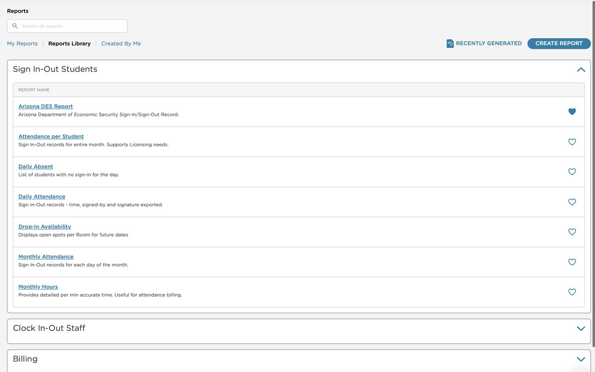 Reports Library — categorized browsing view