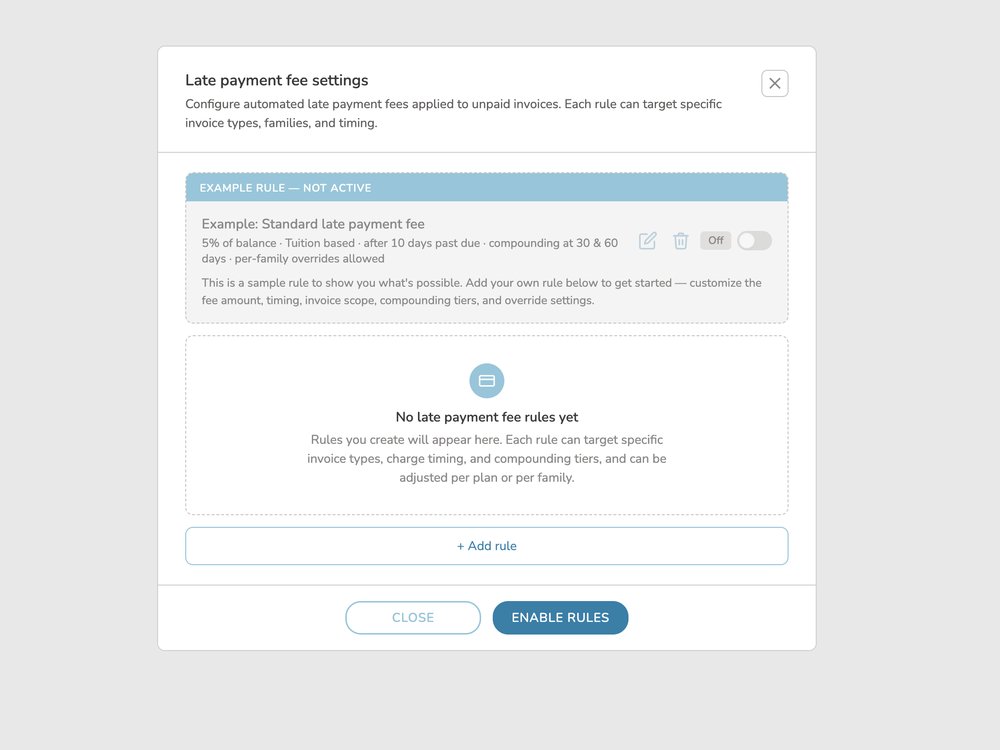 Late payment fee settings interface